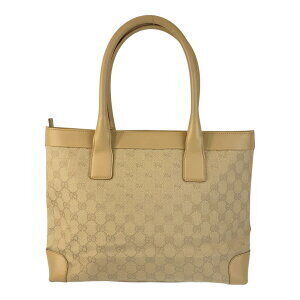Gucci Shoulder Tote Leather Tan GG Beige Canvas Bag